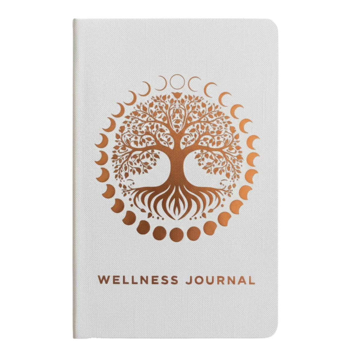 Wellness Journal - A5 - White and Rose Gold - Tree of Life, white front cover with a tree motif encircled by moon phases by Quintessential Holistic Health Ltd