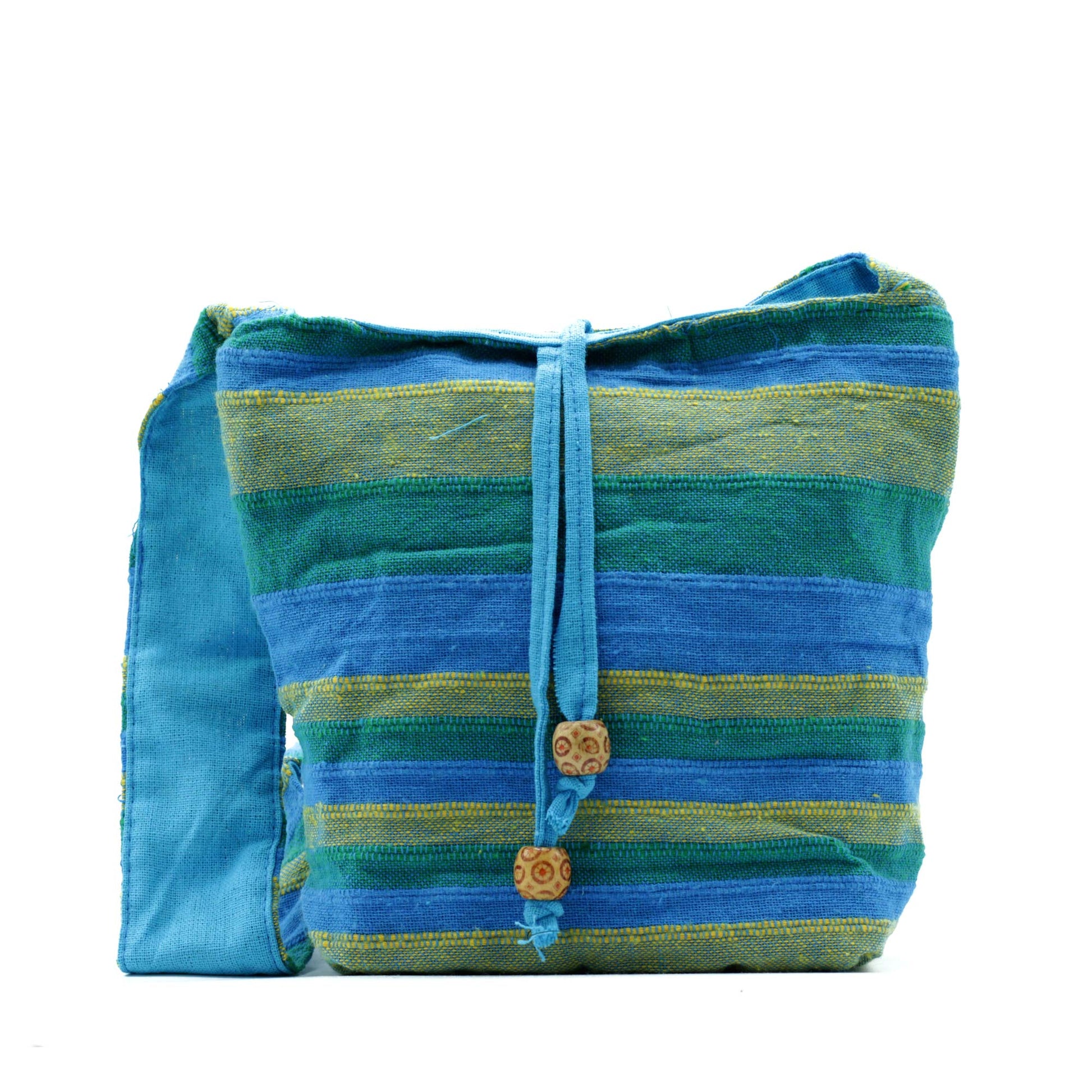 Handmade Eco-Friendly Cotton Nepalese Style Sling Bag - Medium / Spring Meadows Green and Blue product packaging on clean background from Quintessential Holistic Health Ltd