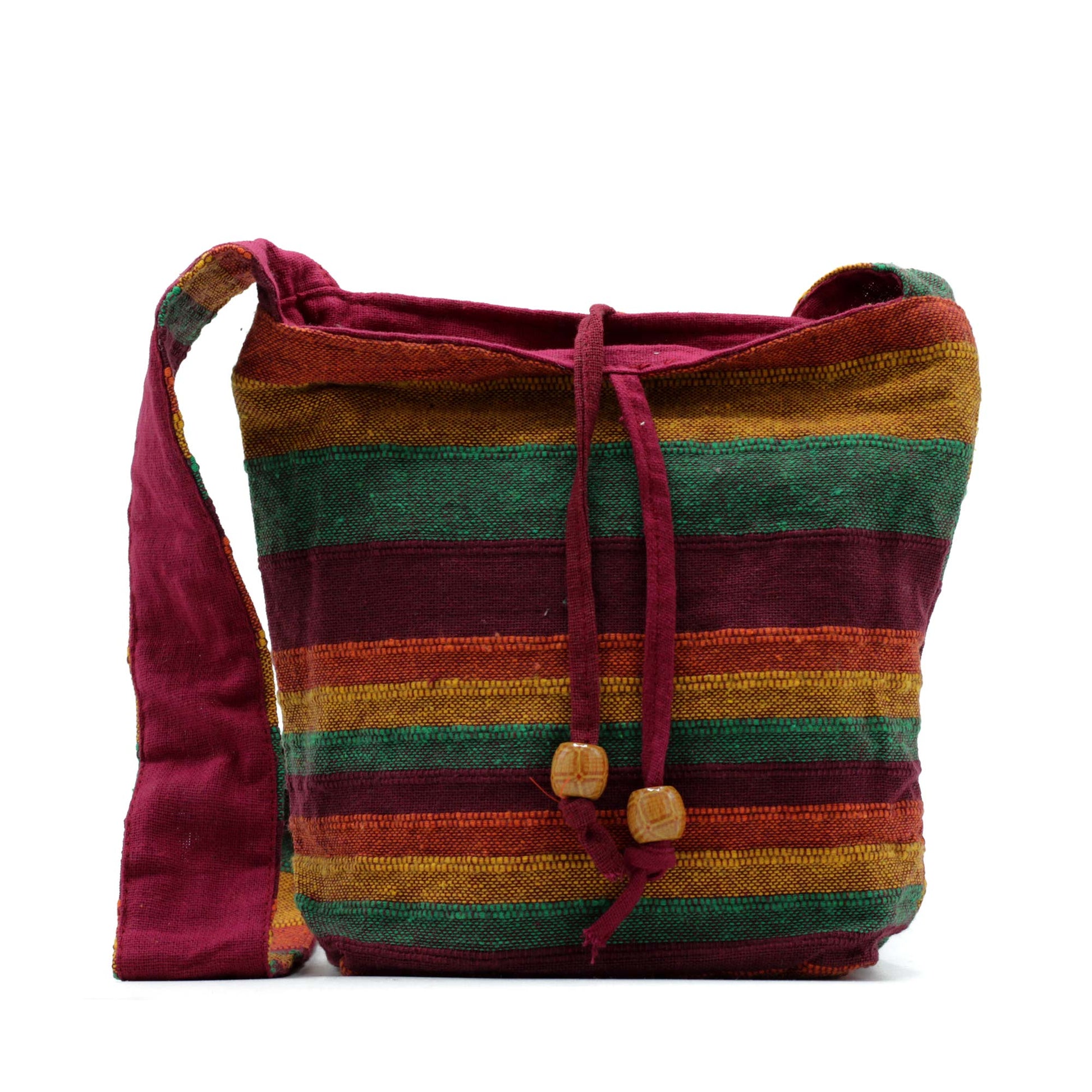 Handmade Eco-Friendly Cotton Nepalese Style Sling Bag - Medium / Mountain Trek Tan and Green product packaging on clean background from Quintessential Holistic Health Ltd