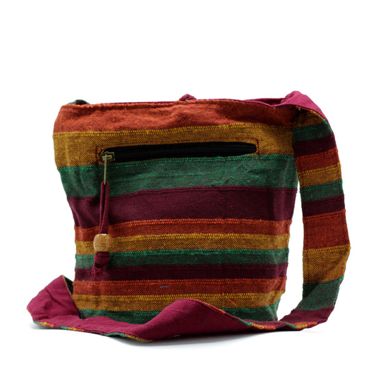 Handmade Eco-Friendly Cotton Nepalese Style Sling Bag - Medium / Mountain Trek Tan and Green product packaging on clean background from Quintessential Holistic Health Ltd