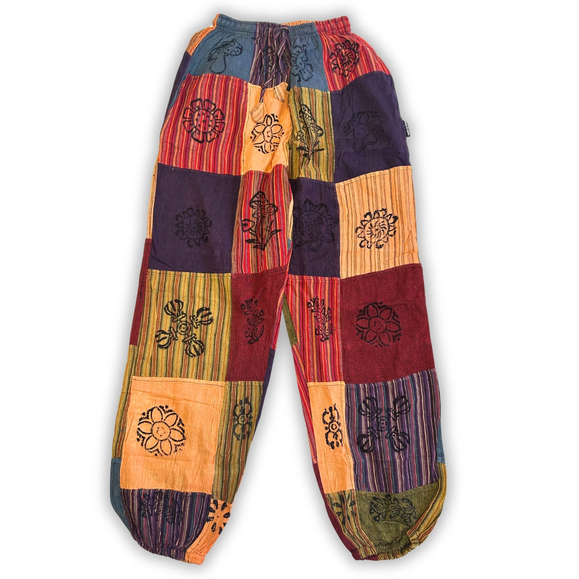 Nomad Sari Unisex Mushroom Pants - Small - Medium / Block Print / Orange Tones product packaging on clean background from Quintessential Holistic Health Ltd