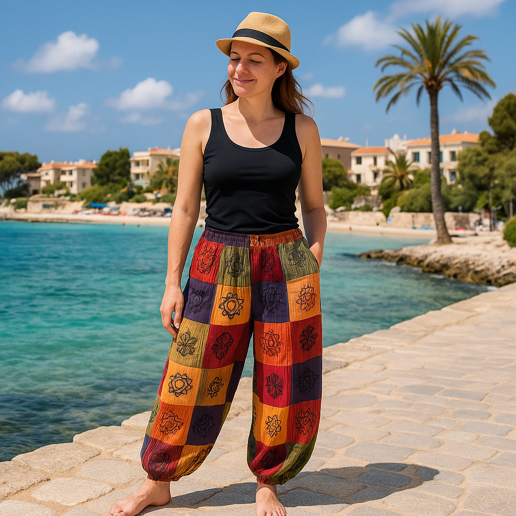 Nomad Sari Unisex Mushroom Pants - Small - Medium / Block Print / Orange Tones product packaging on clean background from Quintessential Holistic Health Ltd