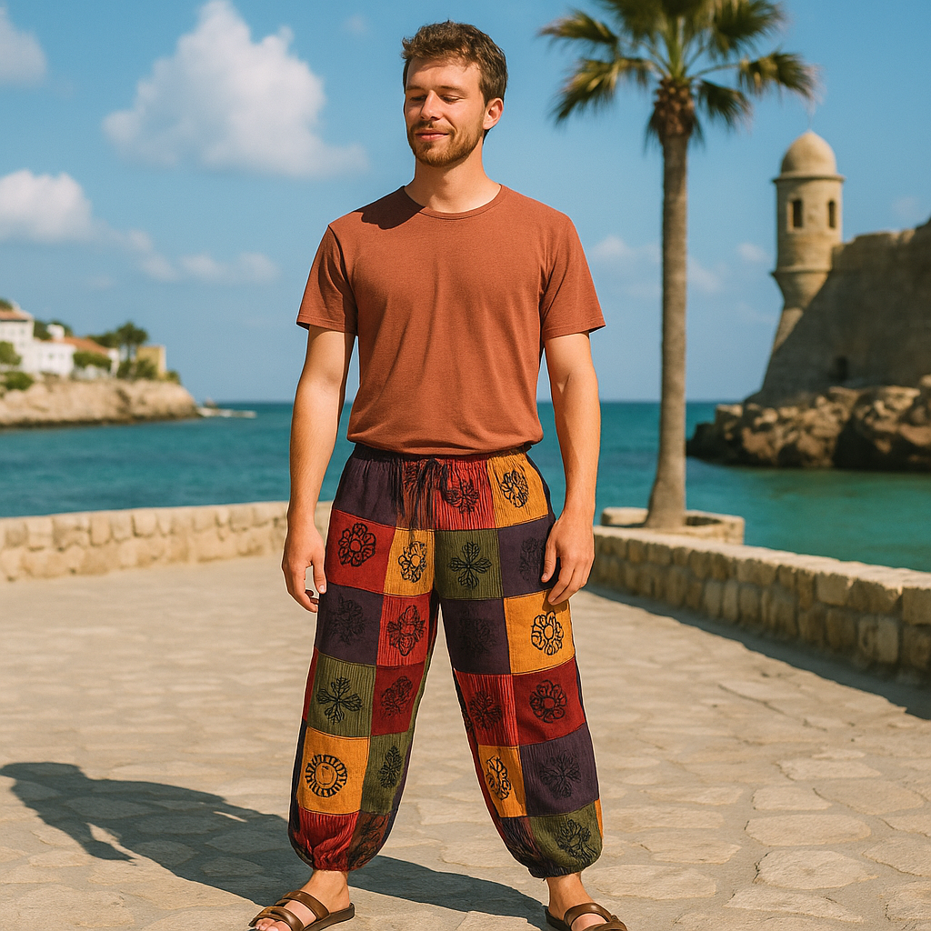 Nomad Sari Unisex Mushroom Pants - Large - Extra Large / Block Print / Orange Tones product packaging on clean background from Quintessential Holistic Health Ltd