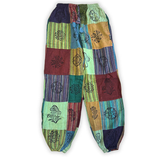 Nomad Sari Unisex Mushroom Pants - Small - Medium / Block Print / Green Tones product packaging on clean background from Quintessential Holistic Health Ltd