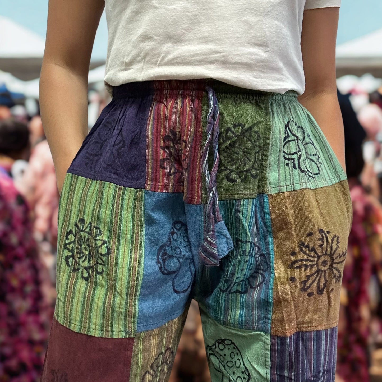 Nomad Sari Unisex Mushroom Pants - Small - Medium / Block Print / Green Tones product packaging on clean background from Quintessential Holistic Health Ltd