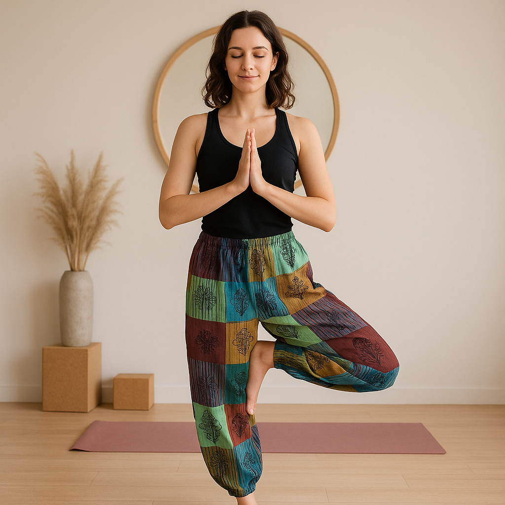Nomad Sari Unisex Mushroom Pants - Small - Medium / Block Print / Green Tones product packaging on clean background from Quintessential Holistic Health Ltd