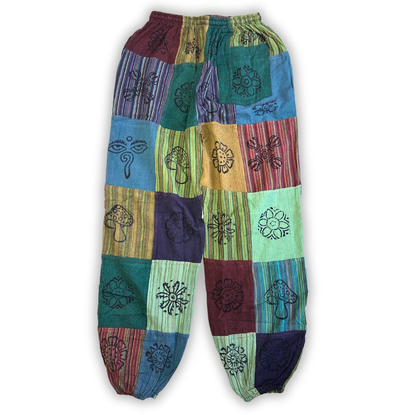 Nomad Sari Unisex Mushroom Pants - Large - Extra Large / Block Print / Green Tones product packaging on clean background from Quintessential Holistic Health Ltd