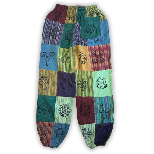 Nomad Sari Unisex Mushroom Pants - Large - Extra Large / Block Print / Green Tones product packaging on clean background from Quintessential Holistic Health Ltd