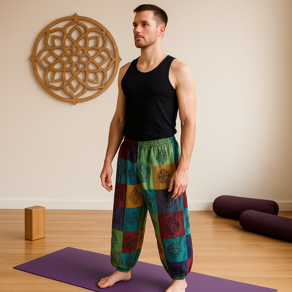 Nomad Sari Unisex Mushroom Pants - Large - Extra Large / Block Print / Green Tones product packaging on clean background from Quintessential Holistic Health Ltd