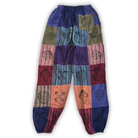 Nomad Sari Unisex Mushroom Pants - Large - Extra Large / Block Print / Purple Tones product packaging on clean background from Quintessential Holistic Health Ltd