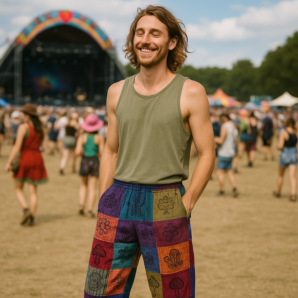 Nomad Sari Unisex Mushroom Pants - Large - Extra Large / Block Print / Purple Tones product packaging on clean background from Quintessential Holistic Health Ltd