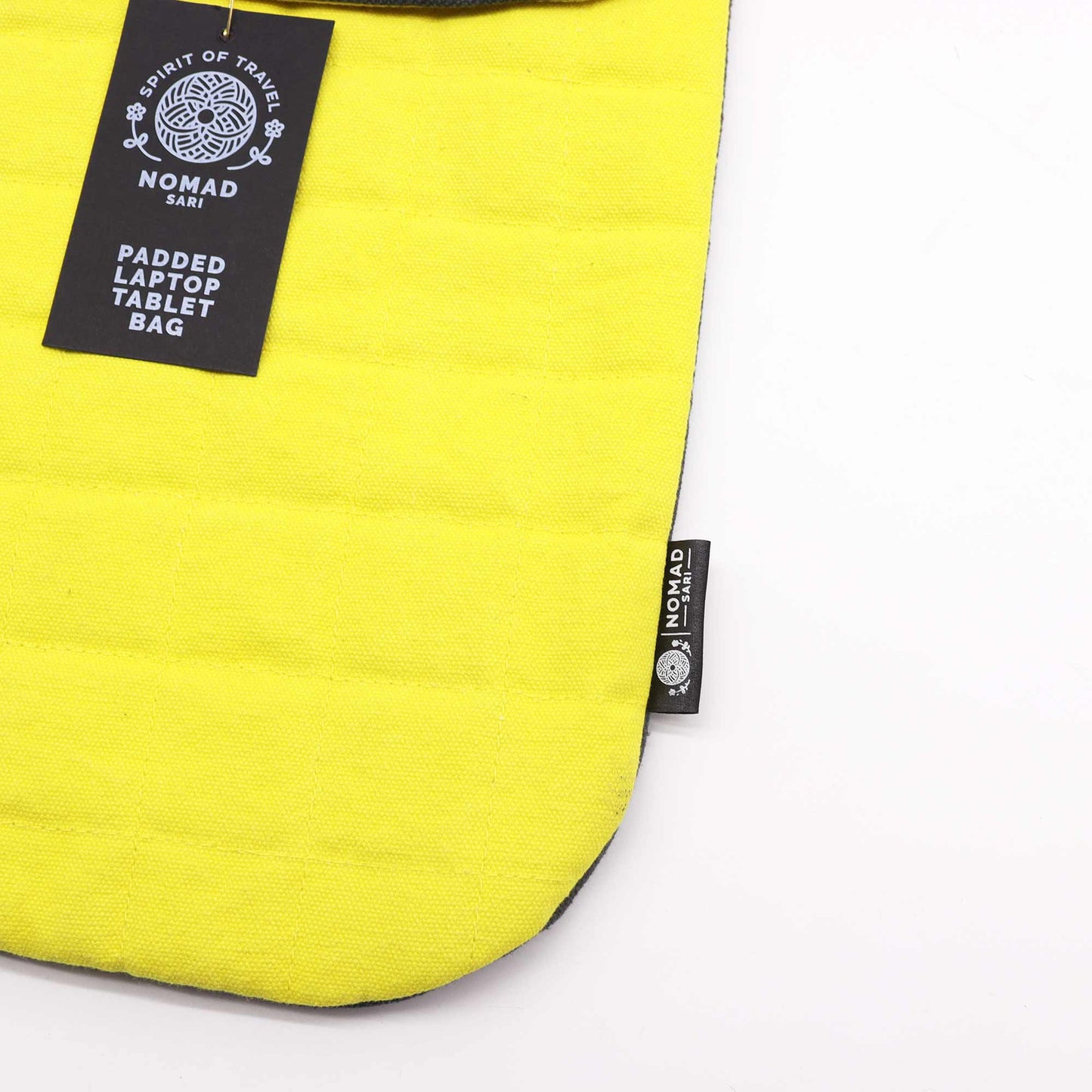 Handmade Cotton Laptop or Tablet Padded Pouch - Stonewashed / Crazy Yellow product packaging on clean background from Quintessential Holistic Health Ltd