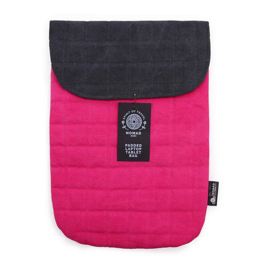 Handmade Cotton Laptop or Tablet Padded Pouch - Stonewashed / Shocking Pink product packaging on clean background from Quintessential Holistic Health Ltd