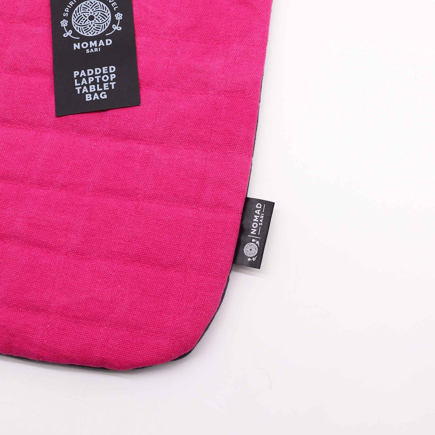 Handmade Cotton Laptop or Tablet Padded Pouch - Stonewashed / Shocking Pink product packaging on clean background from Quintessential Holistic Health Ltd