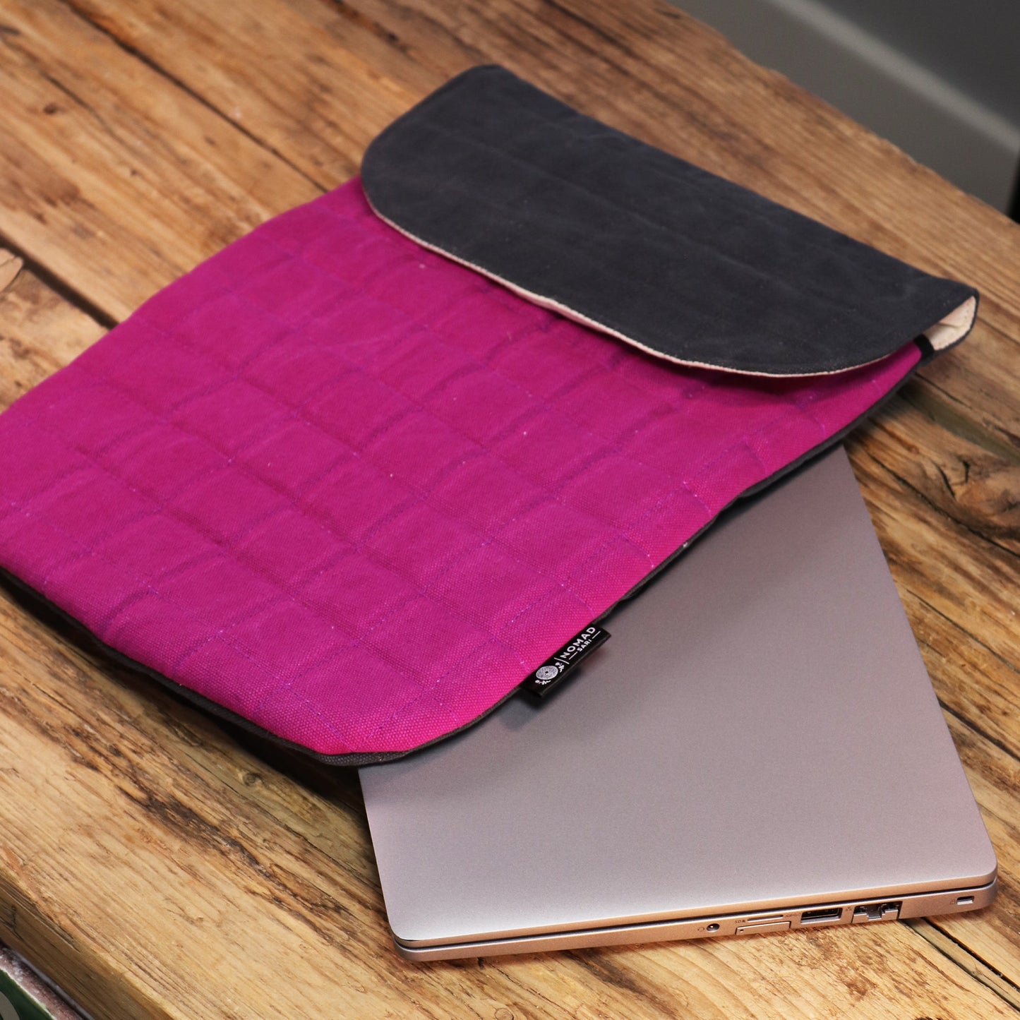Handmade Cotton Laptop or Tablet Padded Pouch - Stonewashed / Shocking Pink product packaging on clean background from Quintessential Holistic Health Ltd