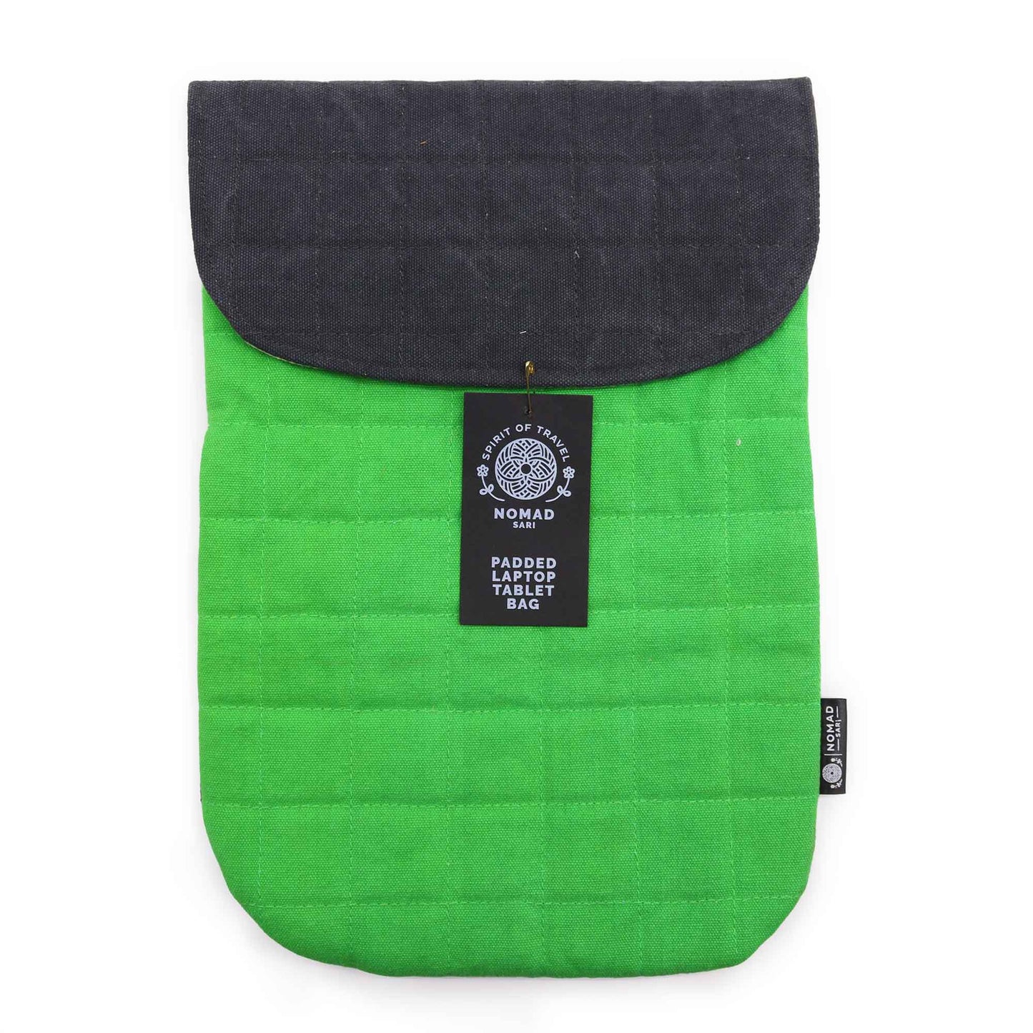 Handmade Cotton Laptop or Tablet Padded Pouch - Stonewashed / Frog Green product packaging on clean background from Quintessential Holistic Health Ltd
