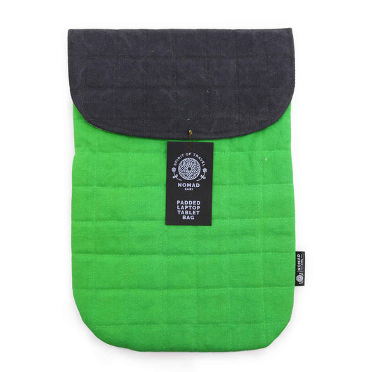 Handmade Cotton Laptop or Tablet Padded Pouch - Stonewashed / Frog Green product packaging on clean background from Quintessential Holistic Health Ltd