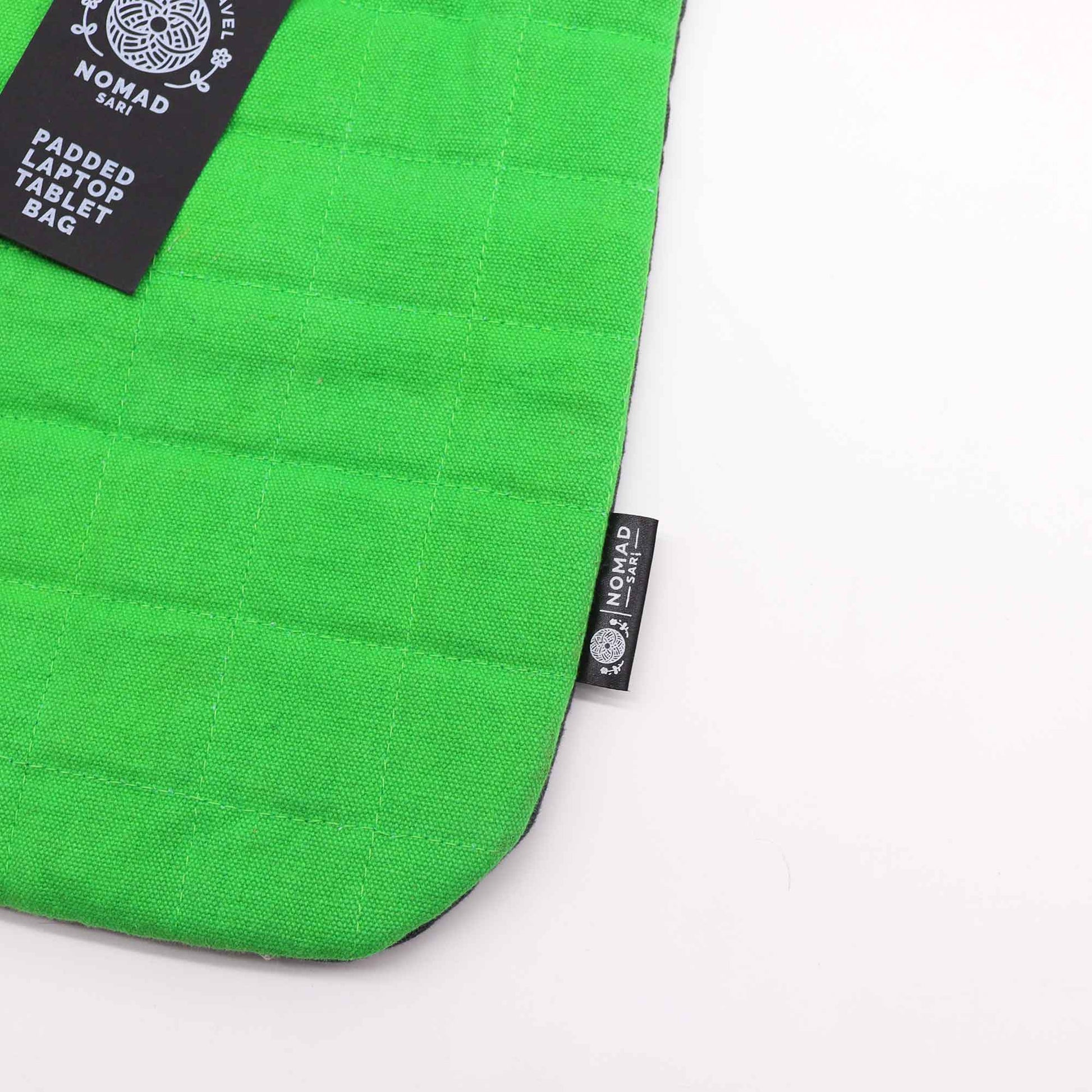 Handmade Cotton Laptop or Tablet Padded Pouch - Stonewashed / Frog Green product packaging on clean background from Quintessential Holistic Health Ltd
