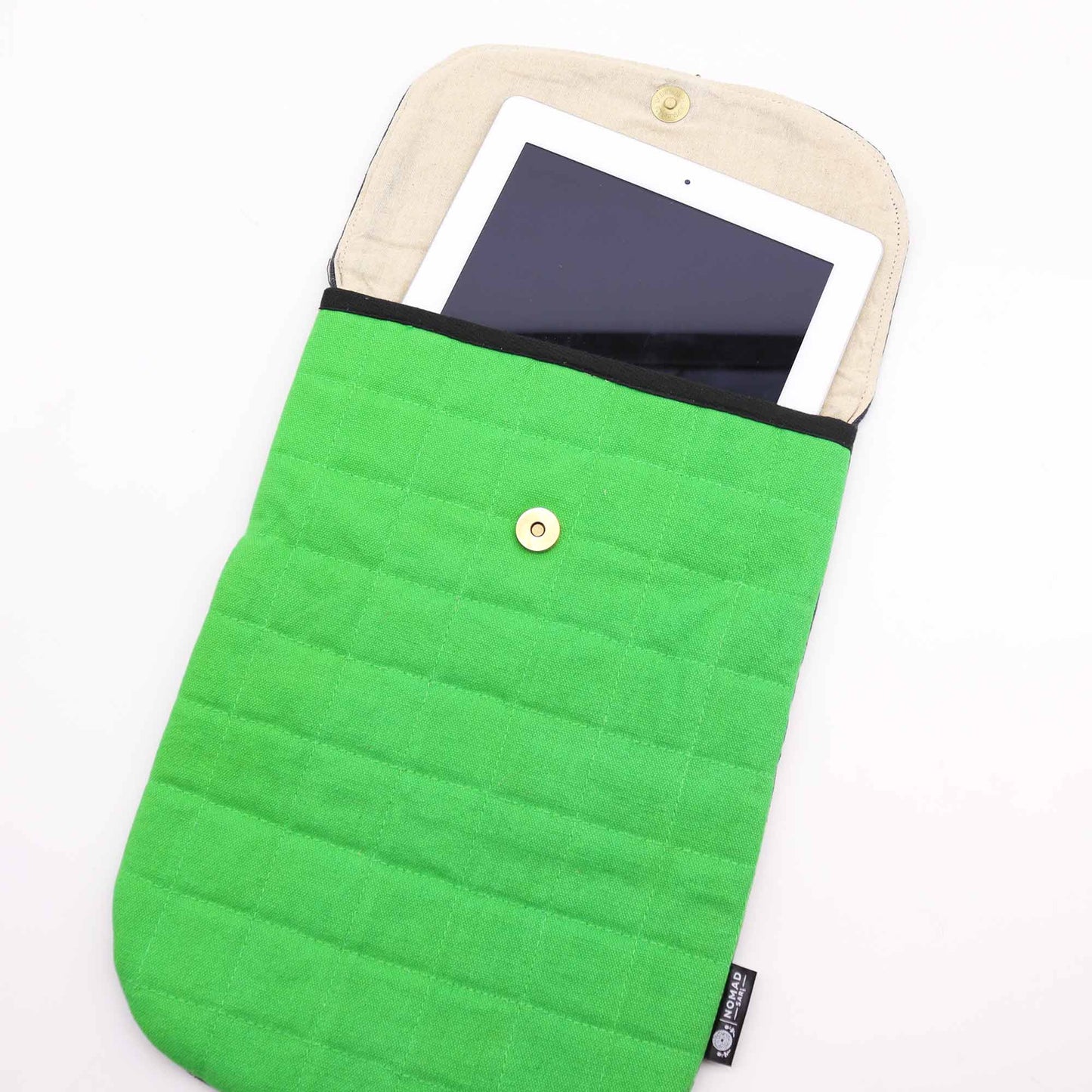 Handmade Cotton Laptop or Tablet Padded Pouch - Stonewashed / Frog Green product packaging on clean background from Quintessential Holistic Health Ltd