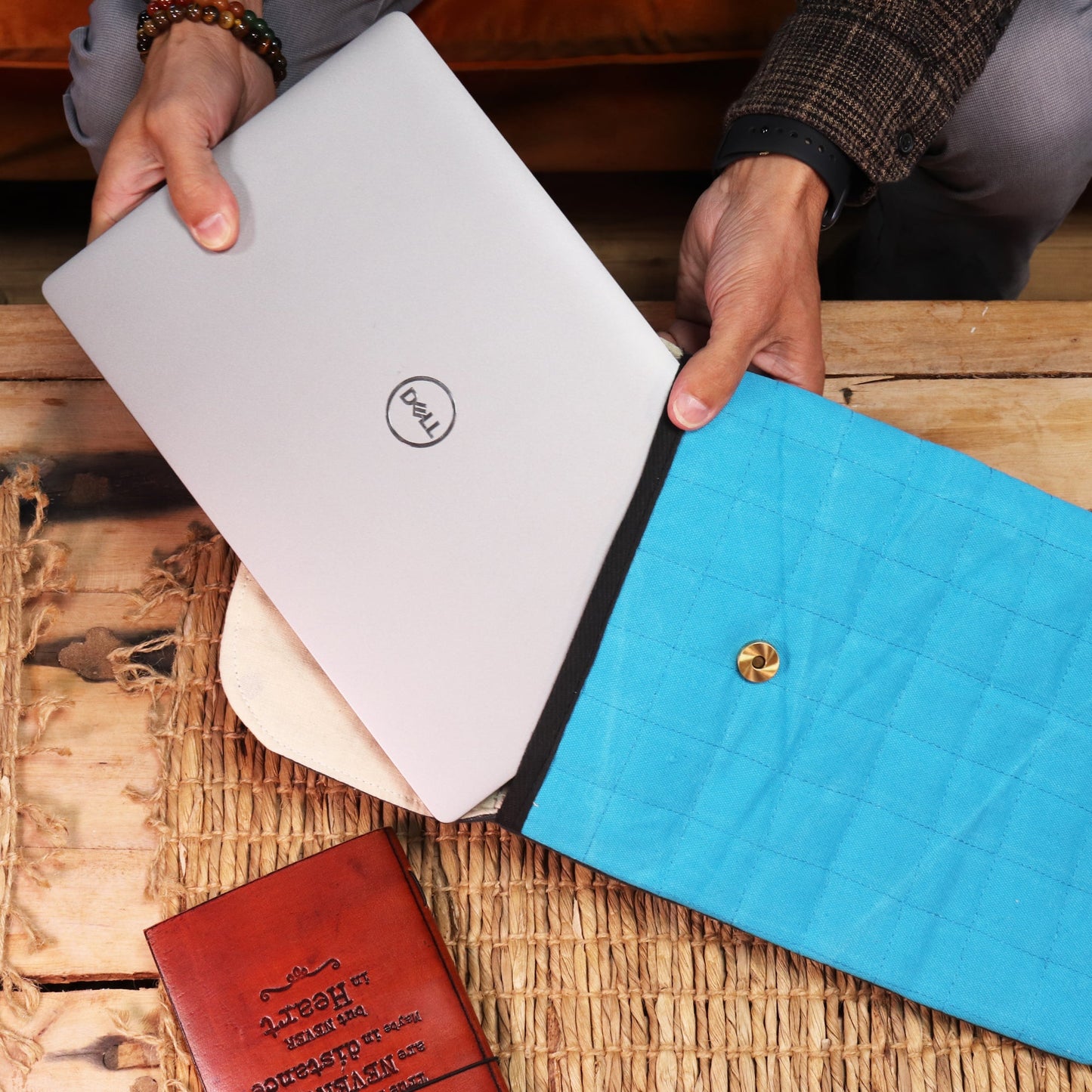 Handmade Cotton Laptop or Tablet Padded Pouch - Stonewashed / Terrific Turquoise product packaging on clean background from Quintessential Holistic Health Ltd