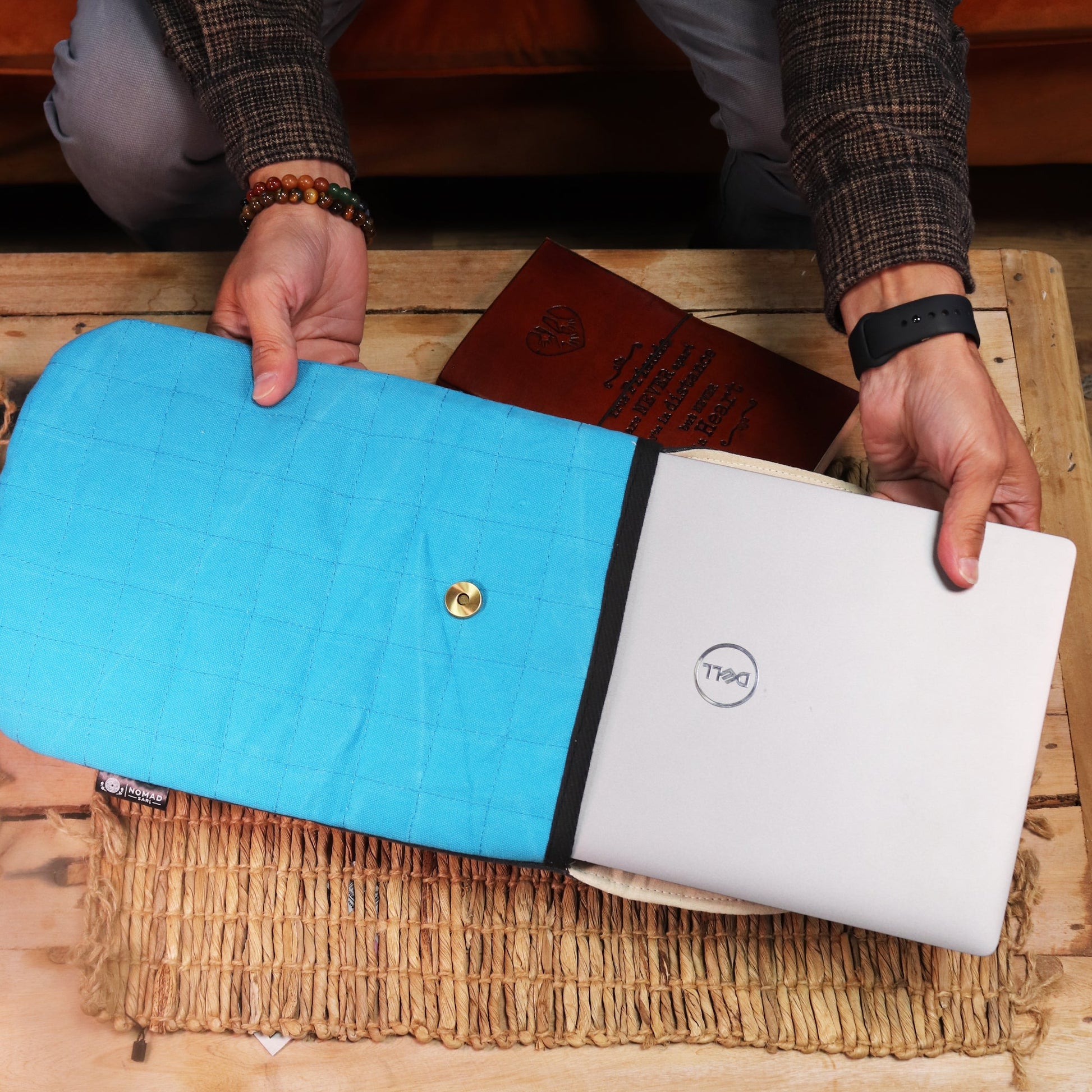 Handmade Cotton Laptop or Tablet Padded Pouch - Stonewashed / Terrific Turquoise product packaging on clean background from Quintessential Holistic Health Ltd