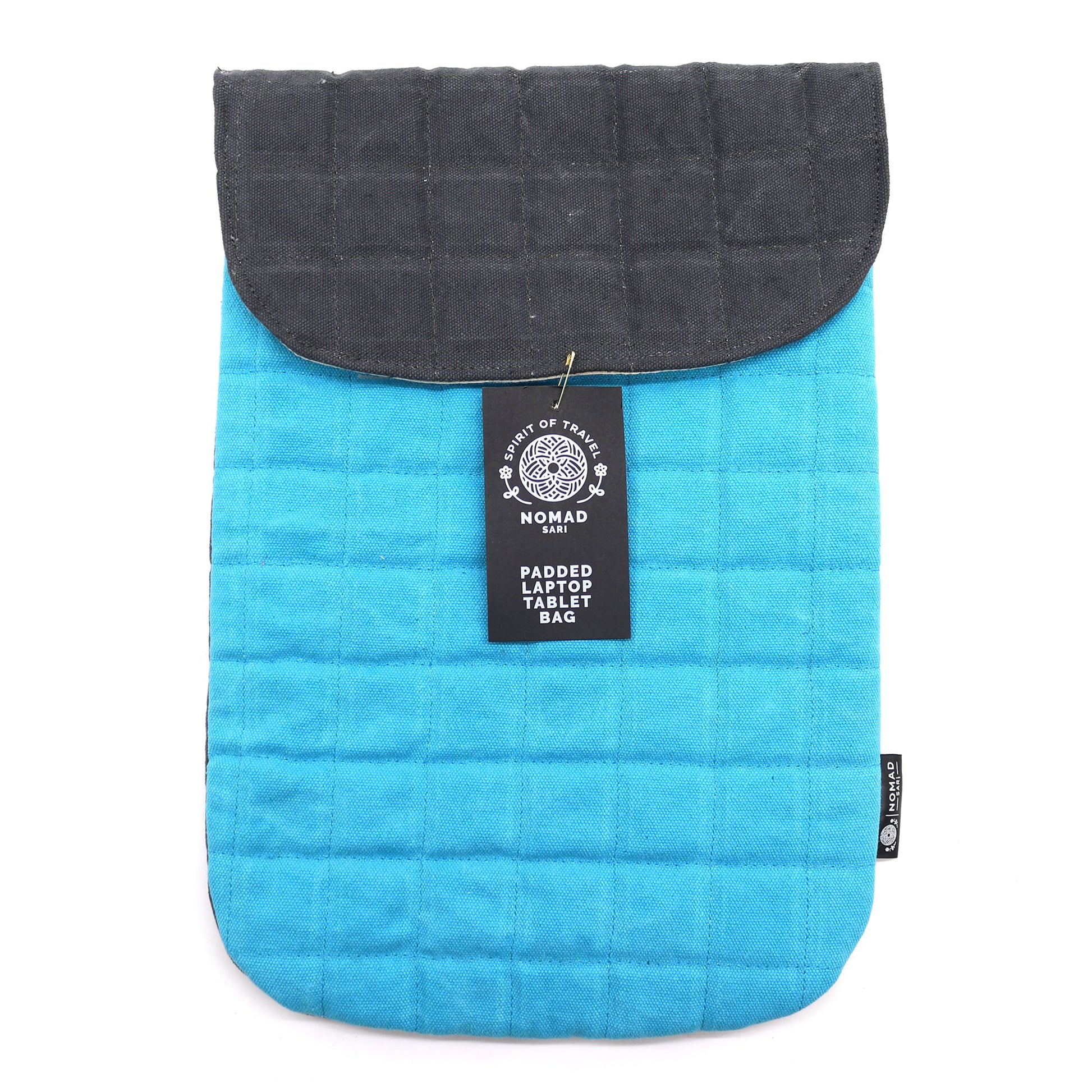 Handmade Cotton Laptop or Tablet Padded Pouch - Stonewashed / Terrific Turquoise product packaging on clean background from Quintessential Holistic Health Ltd