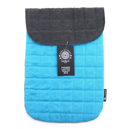Handmade Cotton Laptop or Tablet Padded Pouch - Stonewashed / Terrific Turquoise product packaging on clean background from Quintessential Holistic Health Ltd