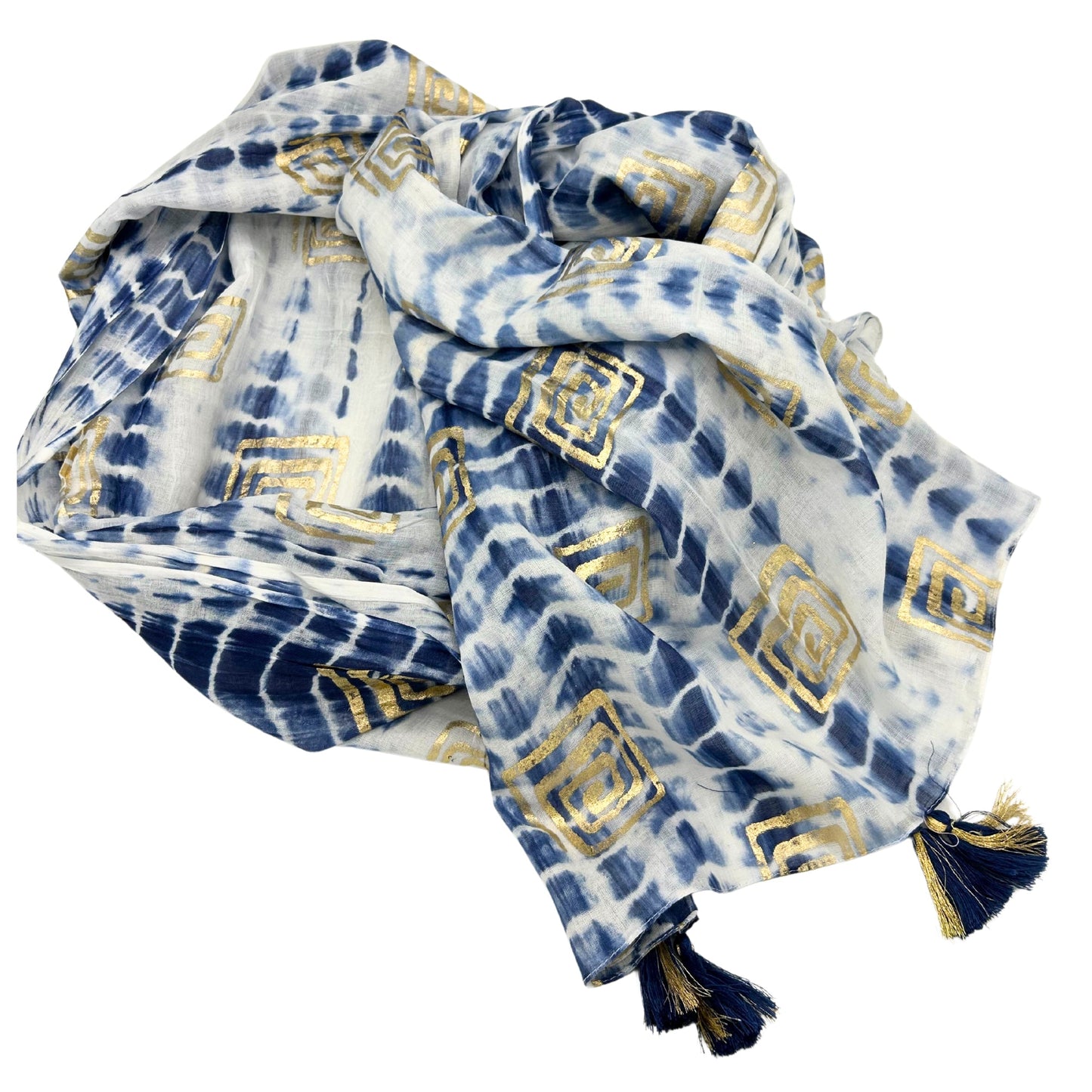Hand Painted Eco-Friendly 100% Cotton Sari Wrap - Tie Dye and Block Print / Blue, White and Gold product packaging on clean background from Quintessential Holistic Health Ltd