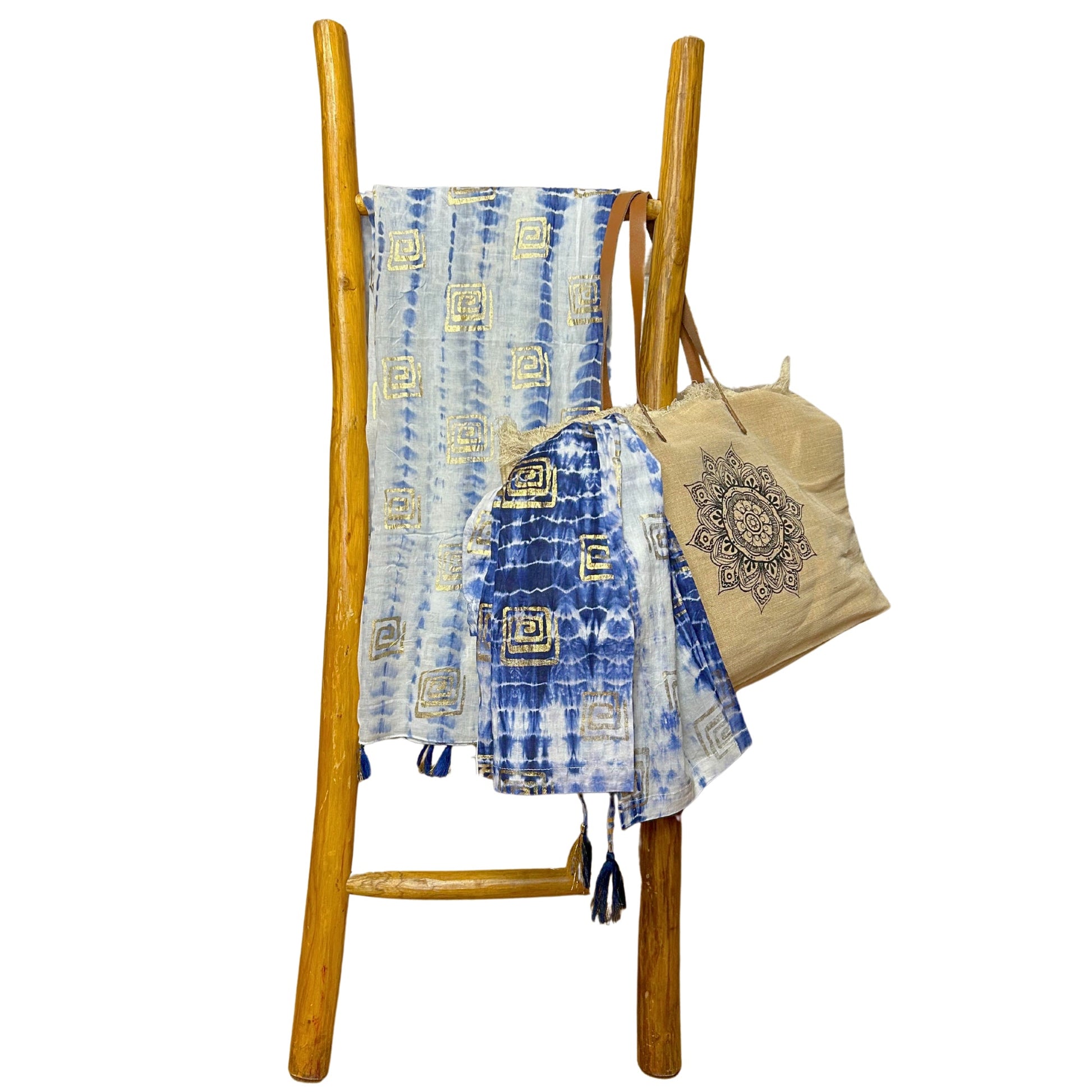 Hand Painted Eco-Friendly 100% Cotton Sari Wrap - Tie Dye and Block Print / Blue, White and Gold product packaging on clean background from Quintessential Holistic Health Ltd