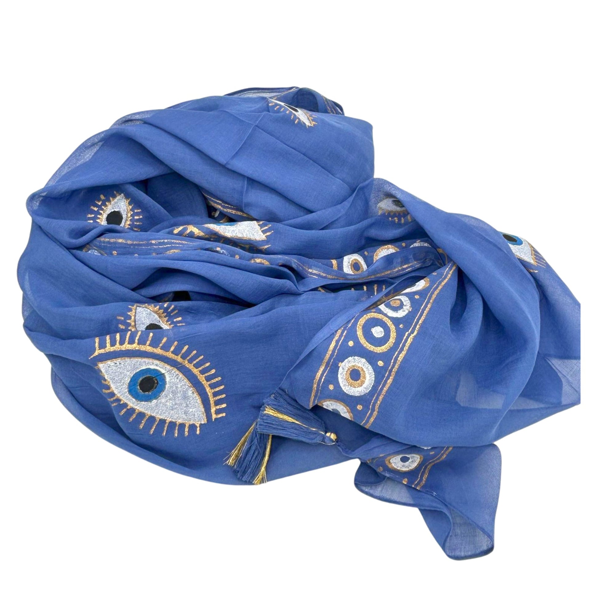 Hand Painted Eco-Friendly 100% Cotton Sari Wrap - All Seeing Eye / Blue and Gold product packaging on clean background from Quintessential Holistic Health Ltd