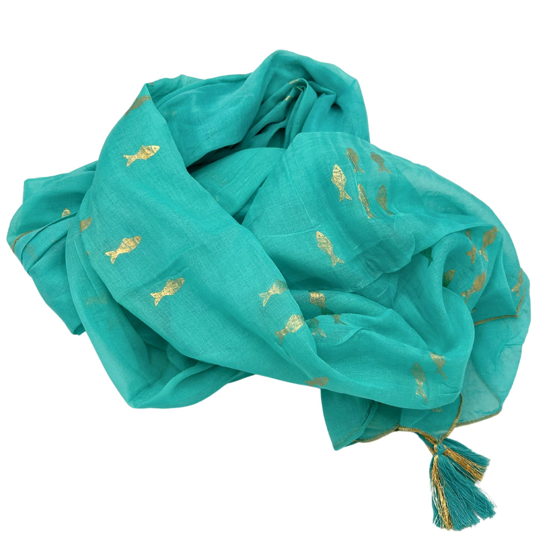 Hand Painted Eco-Friendly 100% Cotton Sari Wrap - Golden Fish / Turquoise product packaging on clean background from Quintessential Holistic Health Ltd