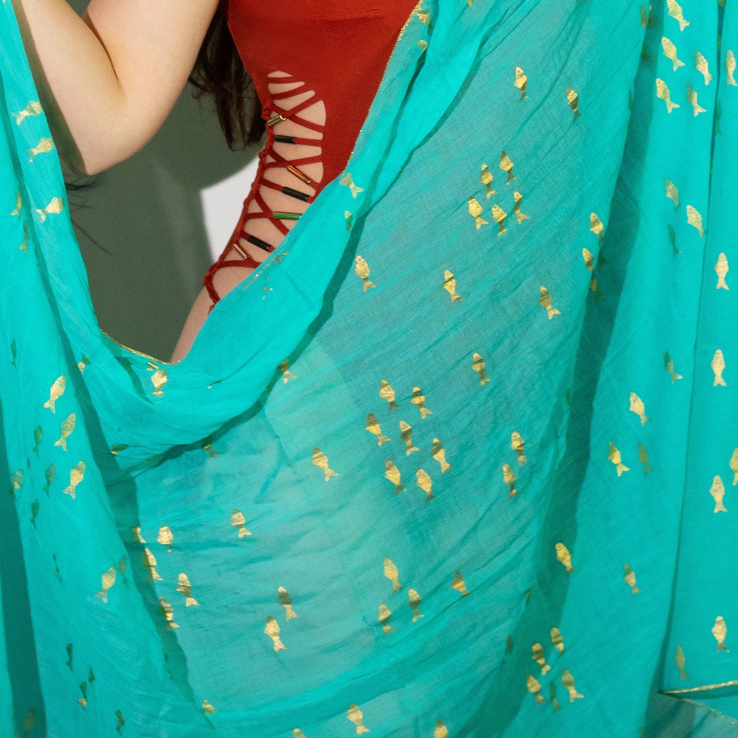 Hand Painted Eco-Friendly 100% Cotton Sari Wrap - Golden Fish / Turquoise product packaging on clean background from Quintessential Holistic Health Ltd