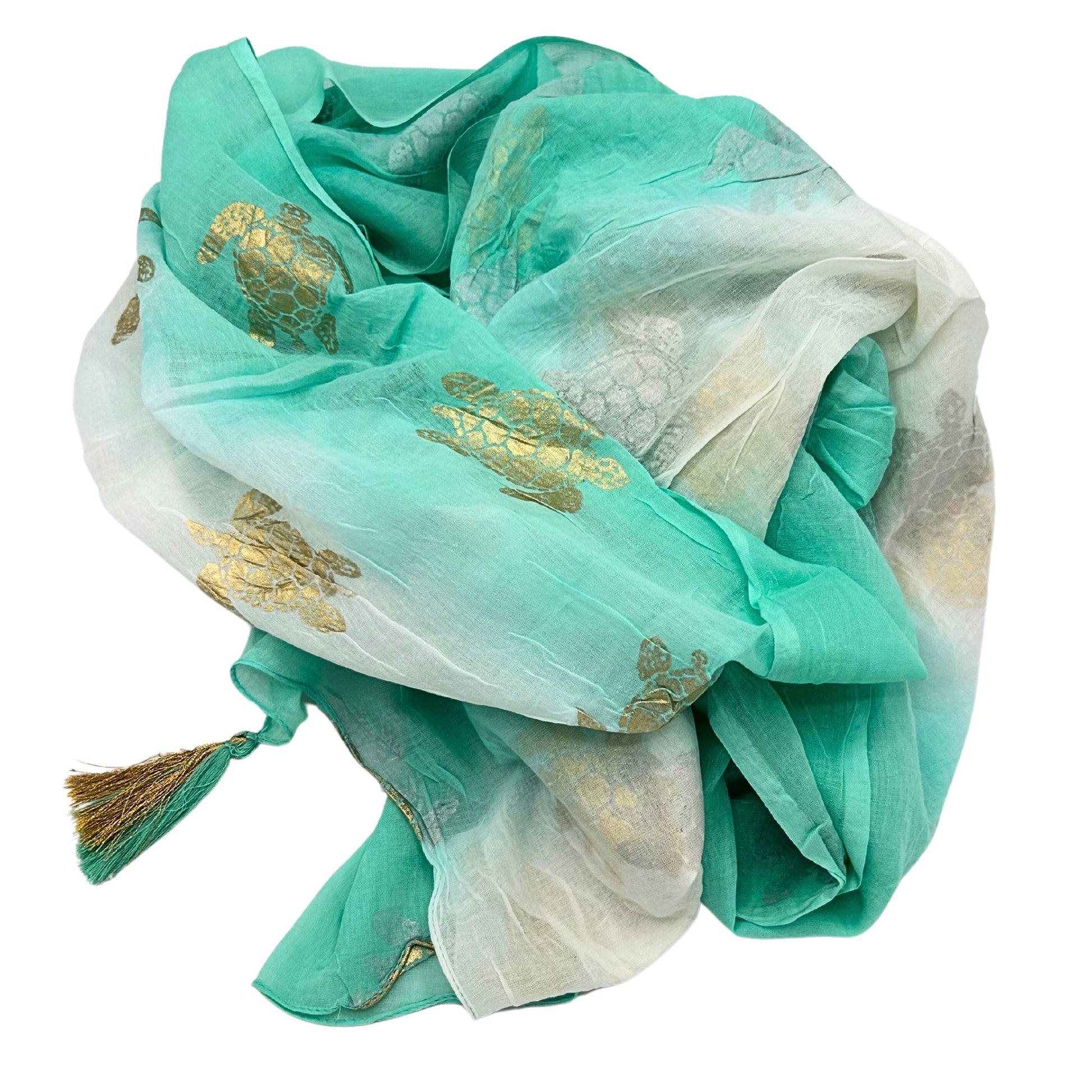 Hand Painted Eco-Friendly 100% Cotton Sari Wrap - Turtles / Turquoise and White product packaging on clean background from Quintessential Holistic Health Ltd