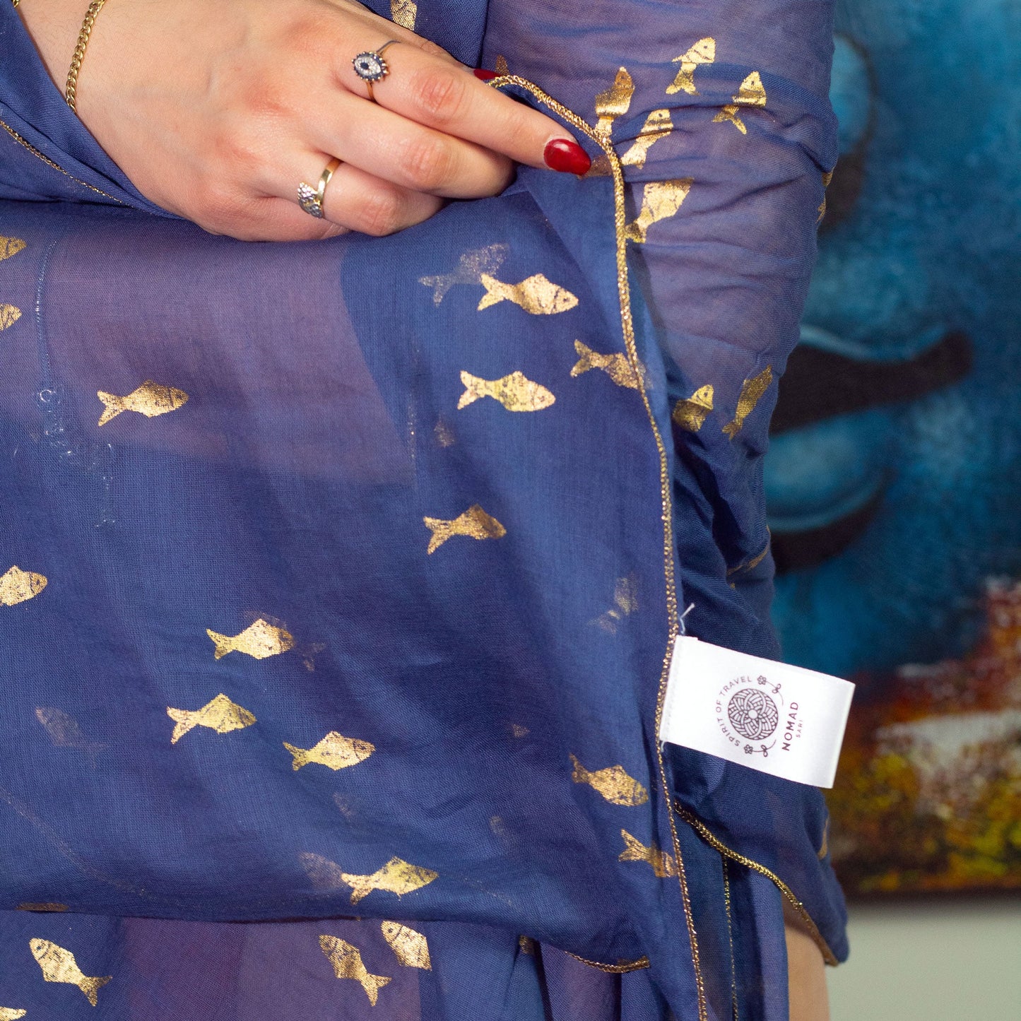 Hand Painted Eco-Friendly 100% Cotton Sari Wrap - Golden Fish / Sea Blue product packaging on clean background from Quintessential Holistic Health Ltd