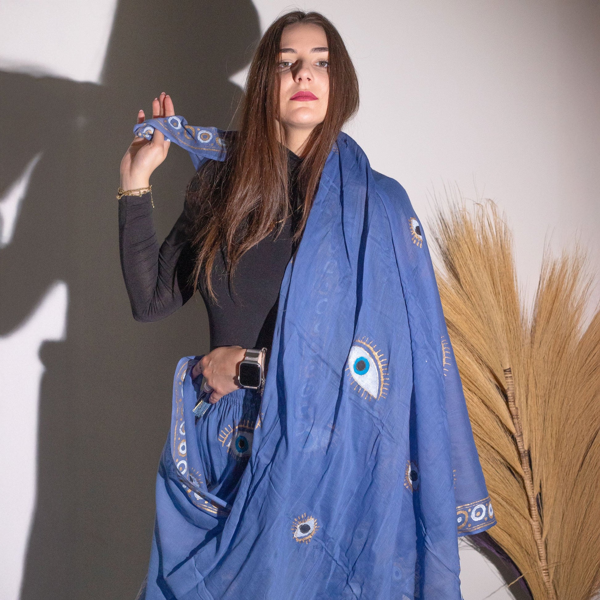 Hand Painted Eco-Friendly 100% Cotton Sari Wrap - Golden Fish / Sea Blue product packaging on clean background from Quintessential Holistic Health Ltd