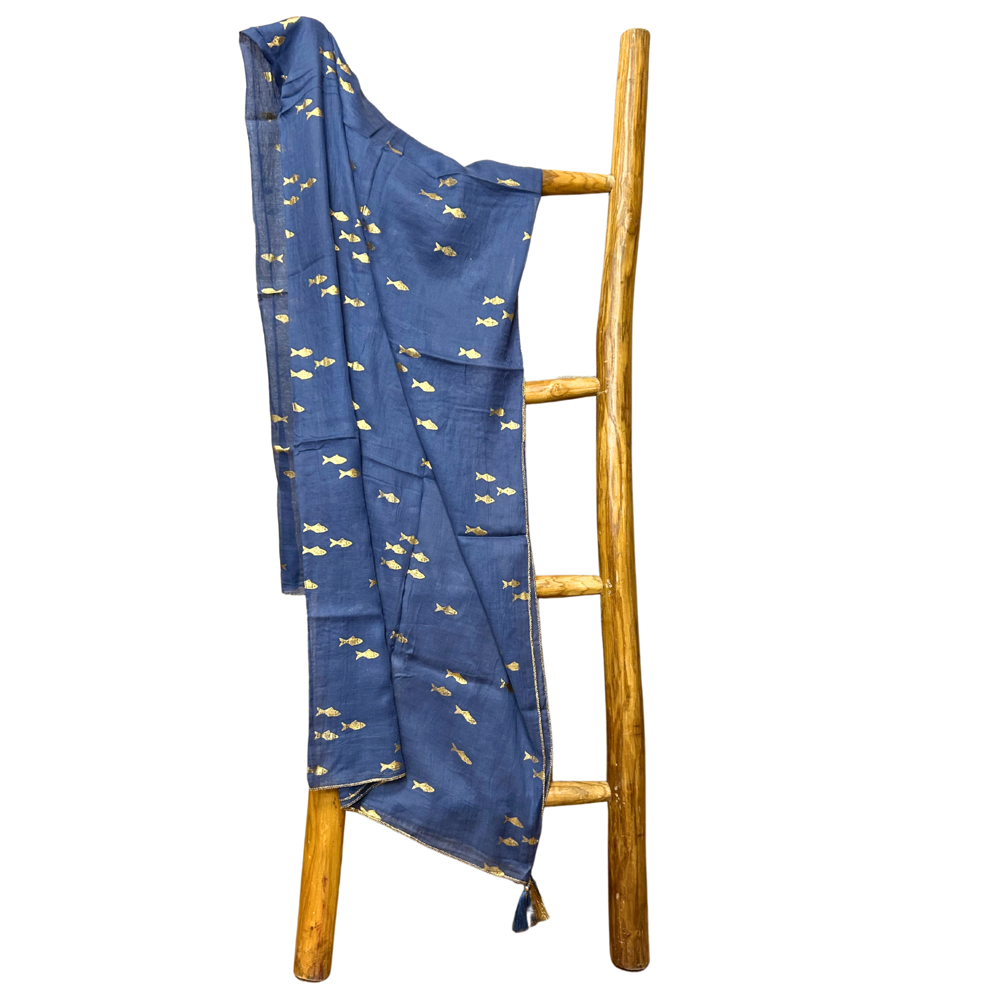 Hand Painted Eco-Friendly 100% Cotton Sari Wrap - Golden Fish / Sea Blue product packaging on clean background from Quintessential Holistic Health Ltd
