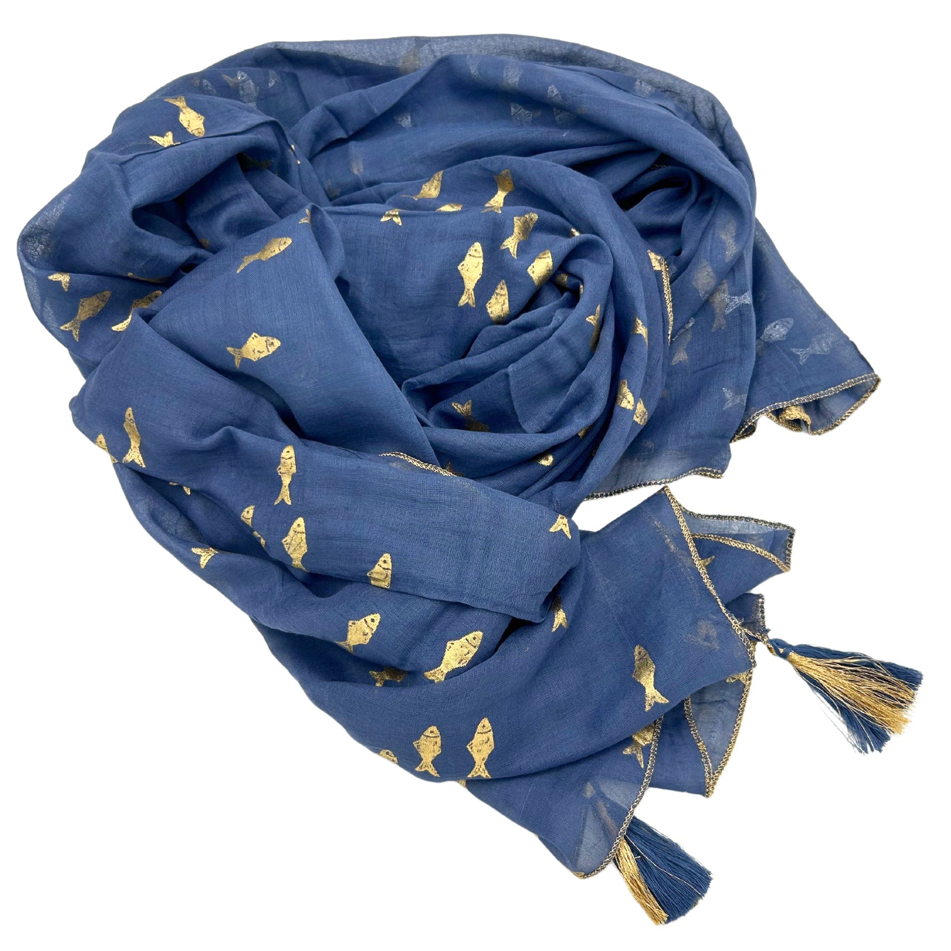 Hand Painted Eco-Friendly 100% Cotton Sari Wrap - Golden Fish / Sea Blue product packaging on clean background from Quintessential Holistic Health Ltd
