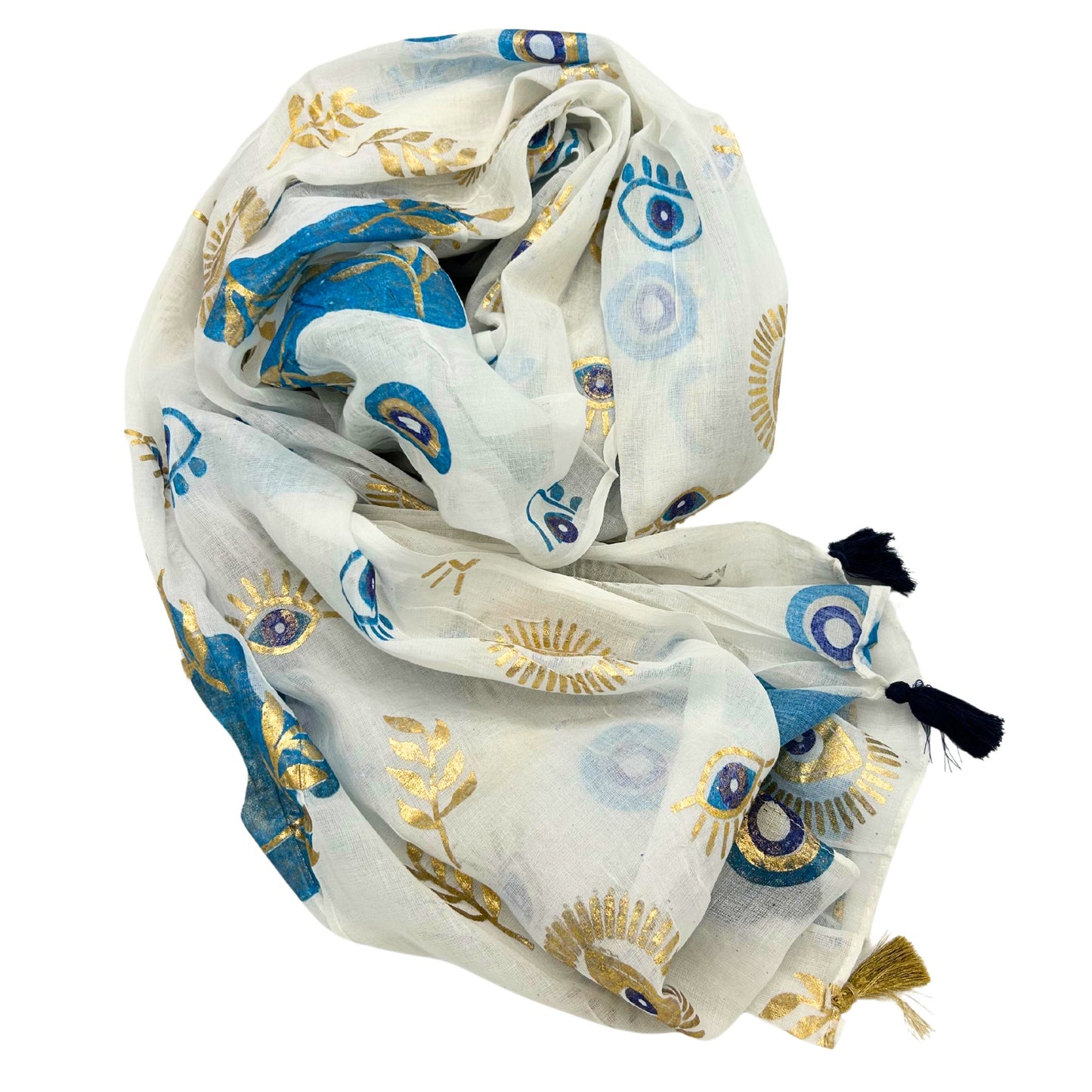 Hand Painted Eco-Friendly 100% Cotton Sari Wrap - All Seeing Eye / White, Blue and Gold product packaging on clean background from Quintessential Holistic Health Ltd
