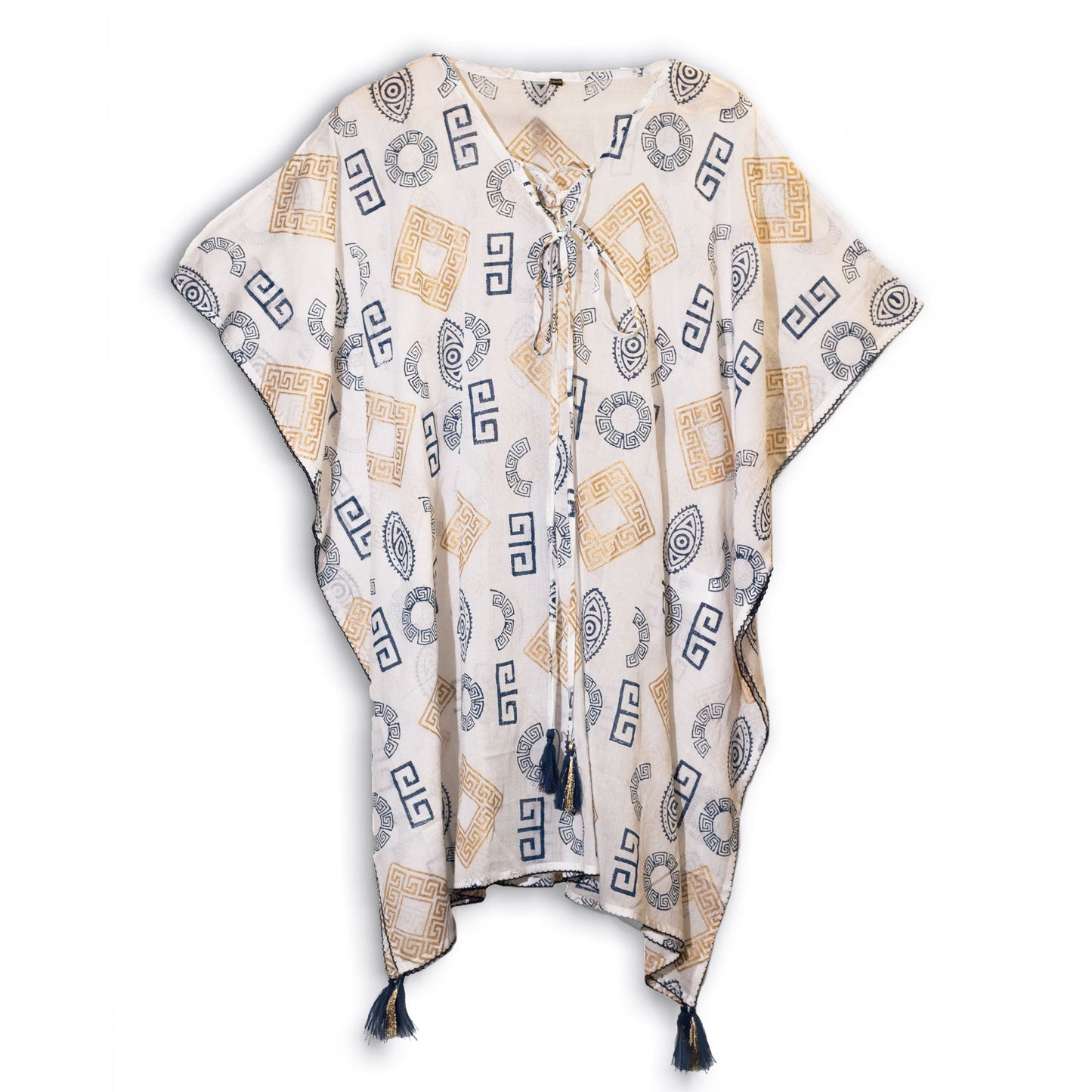 Hand Painted Eco-Friendly 100% Cotton Kaftan Sari Wrap - Greek Motif / White, Blue and Gold product packaging on clean background from Quintessential Holistic Health Ltd