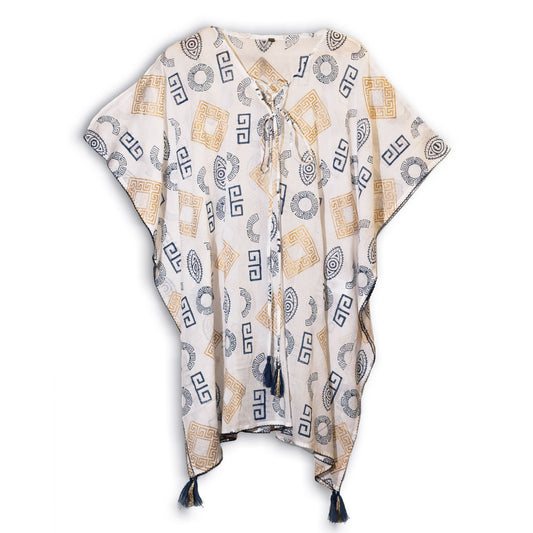 Hand Painted Eco-Friendly 100% Cotton Kaftan Sari Wrap - Greek Motif / White, Blue and Gold product packaging on clean background from Quintessential Holistic Health Ltd
