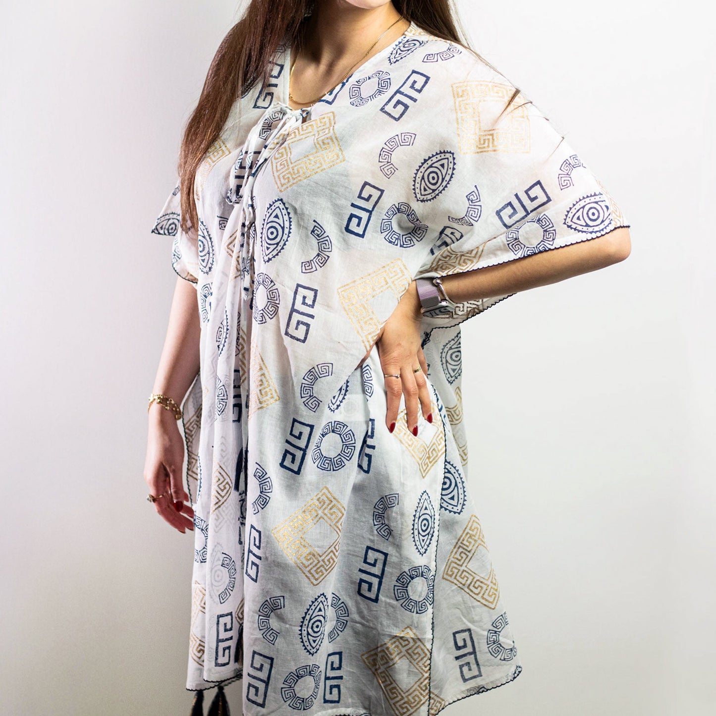 Hand Painted Eco-Friendly 100% Cotton Kaftan Sari Wrap - Greek Motif / White, Blue and Gold product packaging on clean background from Quintessential Holistic Health Ltd