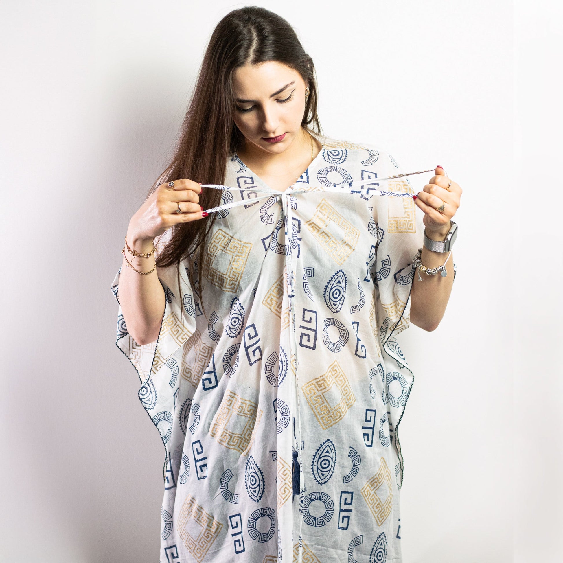 Hand Painted Eco-Friendly 100% Cotton Kaftan Sari Wrap - Greek Motif / White, Blue and Gold product packaging on clean background from Quintessential Holistic Health Ltd