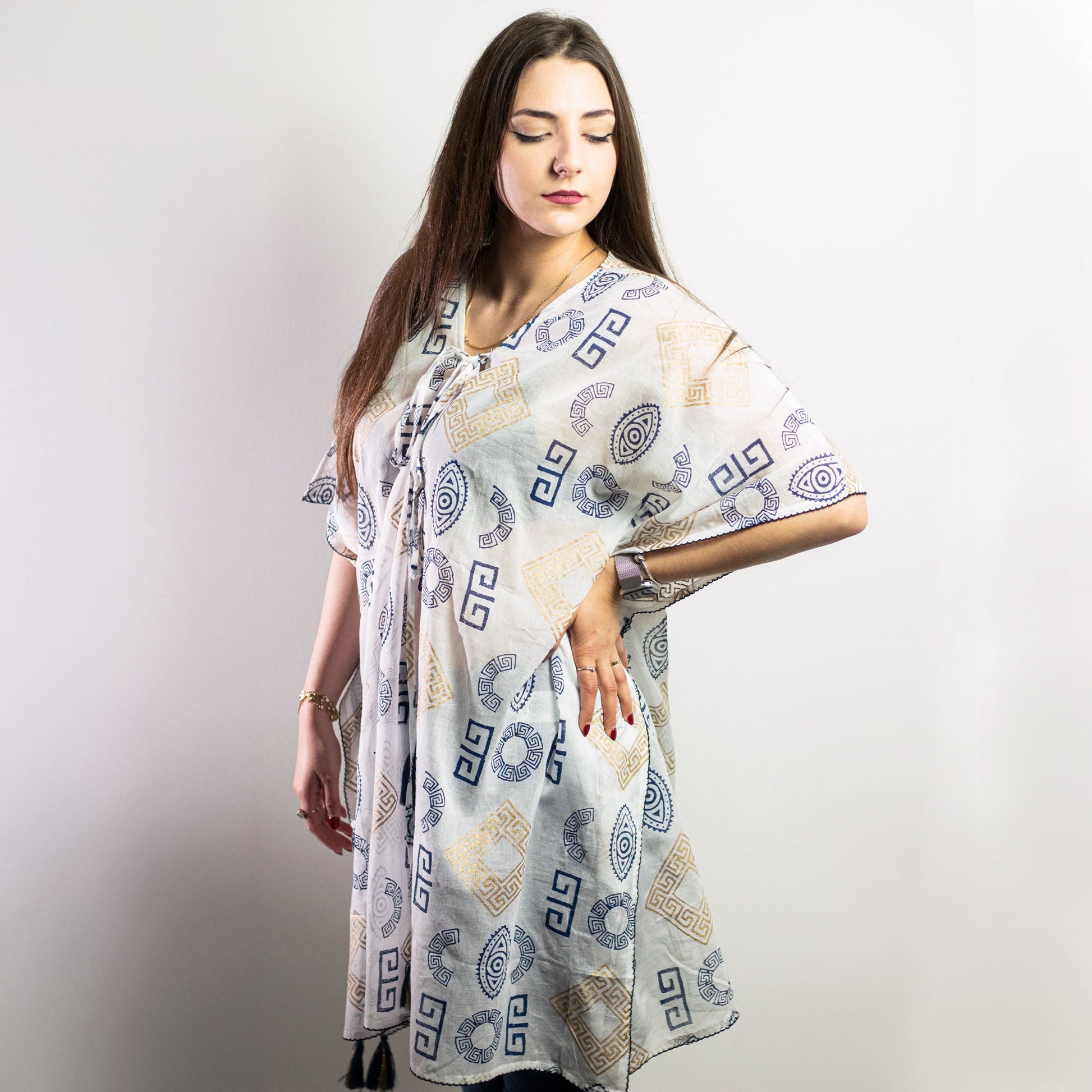 Hand Painted Eco-Friendly 100% Cotton Kaftan Sari Wrap - Greek Motif / White, Blue and Gold product packaging on clean background from Quintessential Holistic Health Ltd