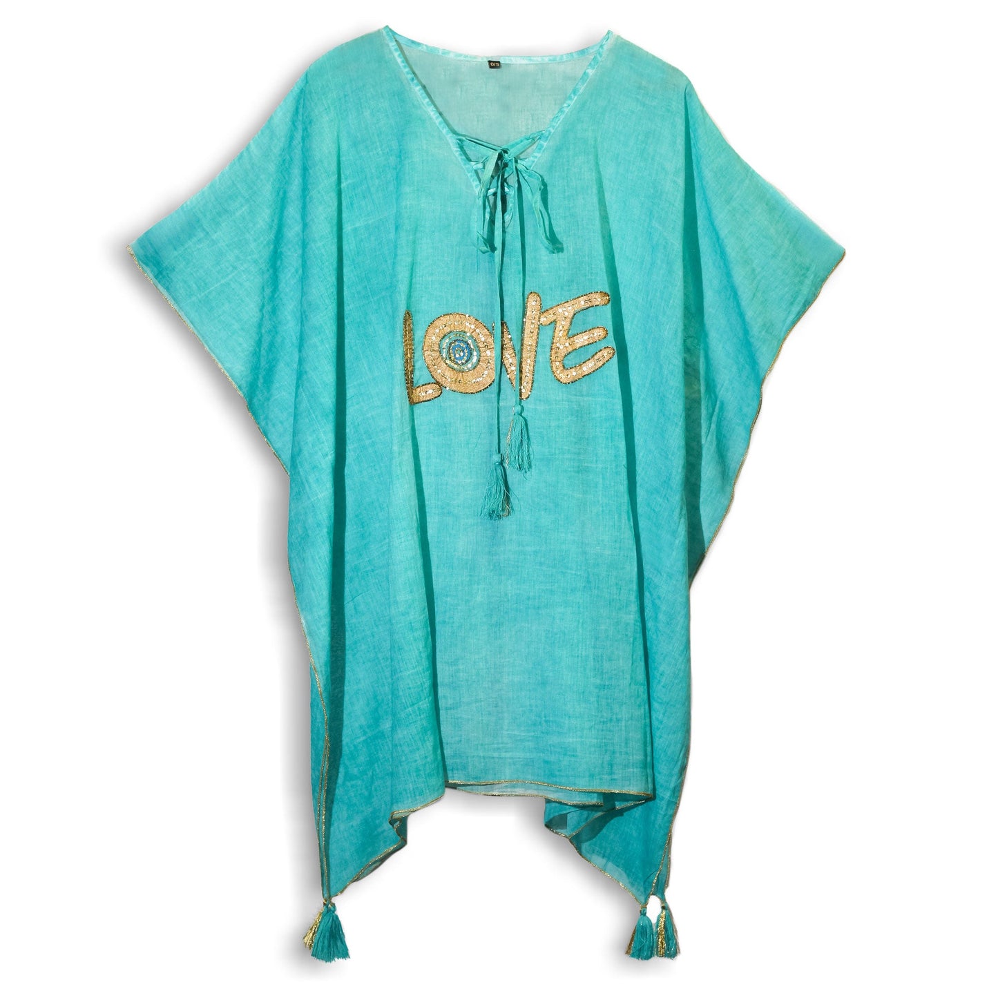 Hand Painted Eco-Friendly 100% Cotton Kaftan Sari Wrap - Love / Turquoise and Gold product packaging on clean background from Quintessential Holistic Health Ltd