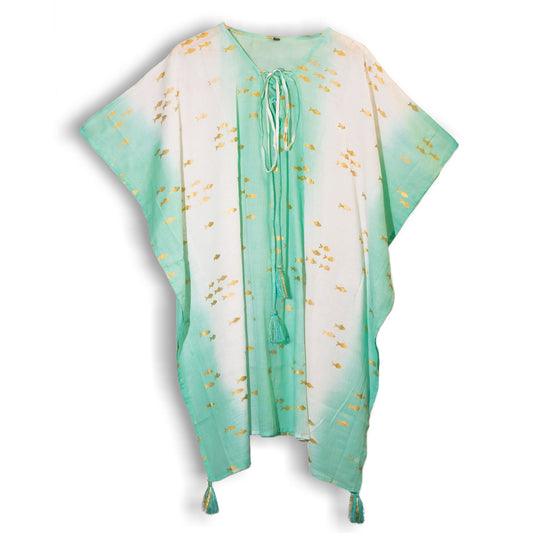 Hand Painted Eco-Friendly 100% Cotton Kaftan Sari Wrap - Golden Fish / Turquoise and White product packaging on clean background from Quintessential Holistic Health Ltd