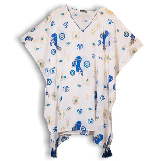 Hand Painted Eco-Friendly 100% Cotton Kaftan Sari Wrap - Al Seeing Eye / White, Blue and Gold product packaging on clean background from Quintessential Holistic Health Ltd