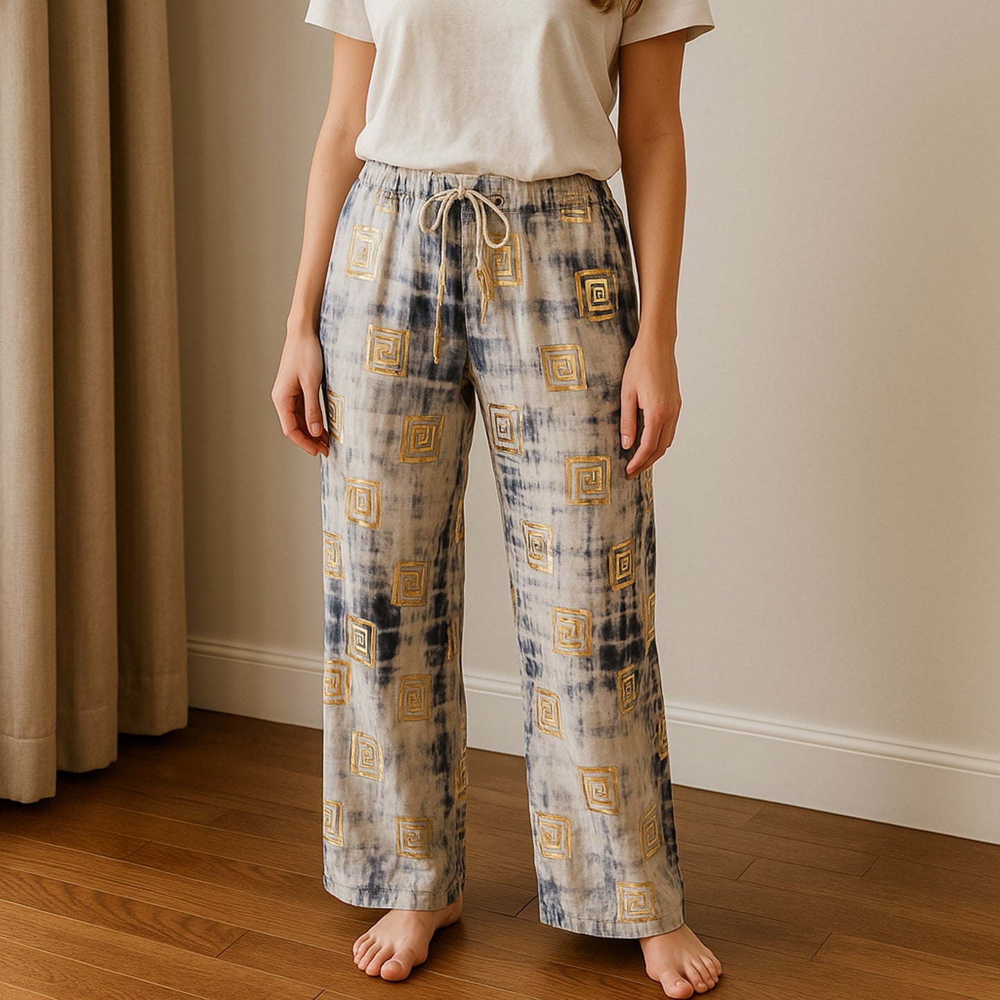 Nomad Sari Hand Painted Eco-Friendly 100% Cotton Lounge Pants - Medium - Large / Greek Motif / White, Blue and Gold product packaging on clean background from Quintessential Holistic Health Ltd