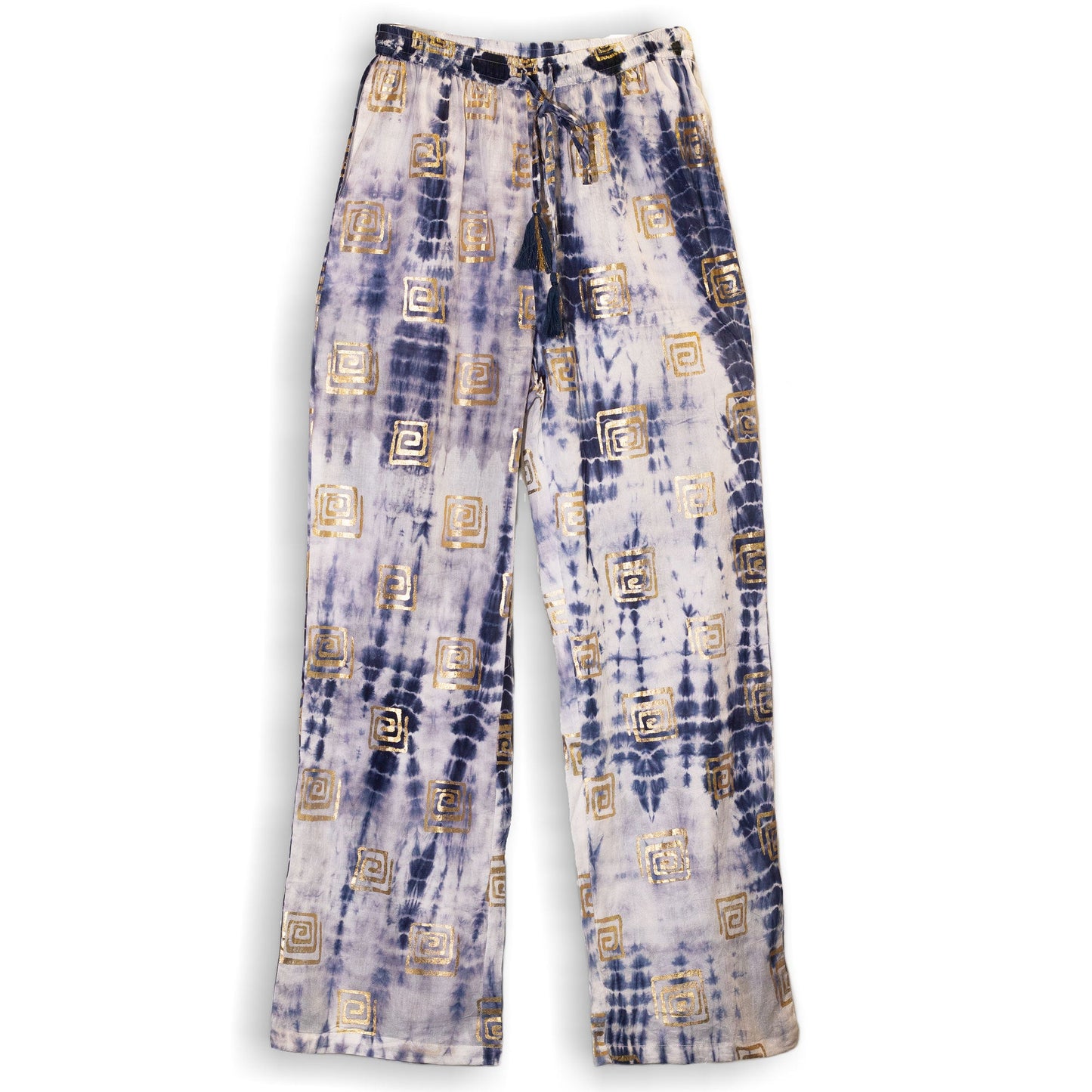 Nomad Sari Hand Painted Eco-Friendly 100% Cotton Lounge Pants - Medium - Large / Greek Motif / White, Blue and Gold product packaging on clean background from Quintessential Holistic Health Ltd