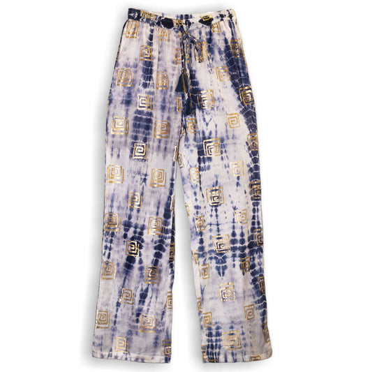 Nomad Sari Hand Painted Eco-Friendly 100% Cotton Lounge Pants - Medium - Large / Greek Motif / White, Blue and Gold product packaging on clean background from Quintessential Holistic Health Ltd