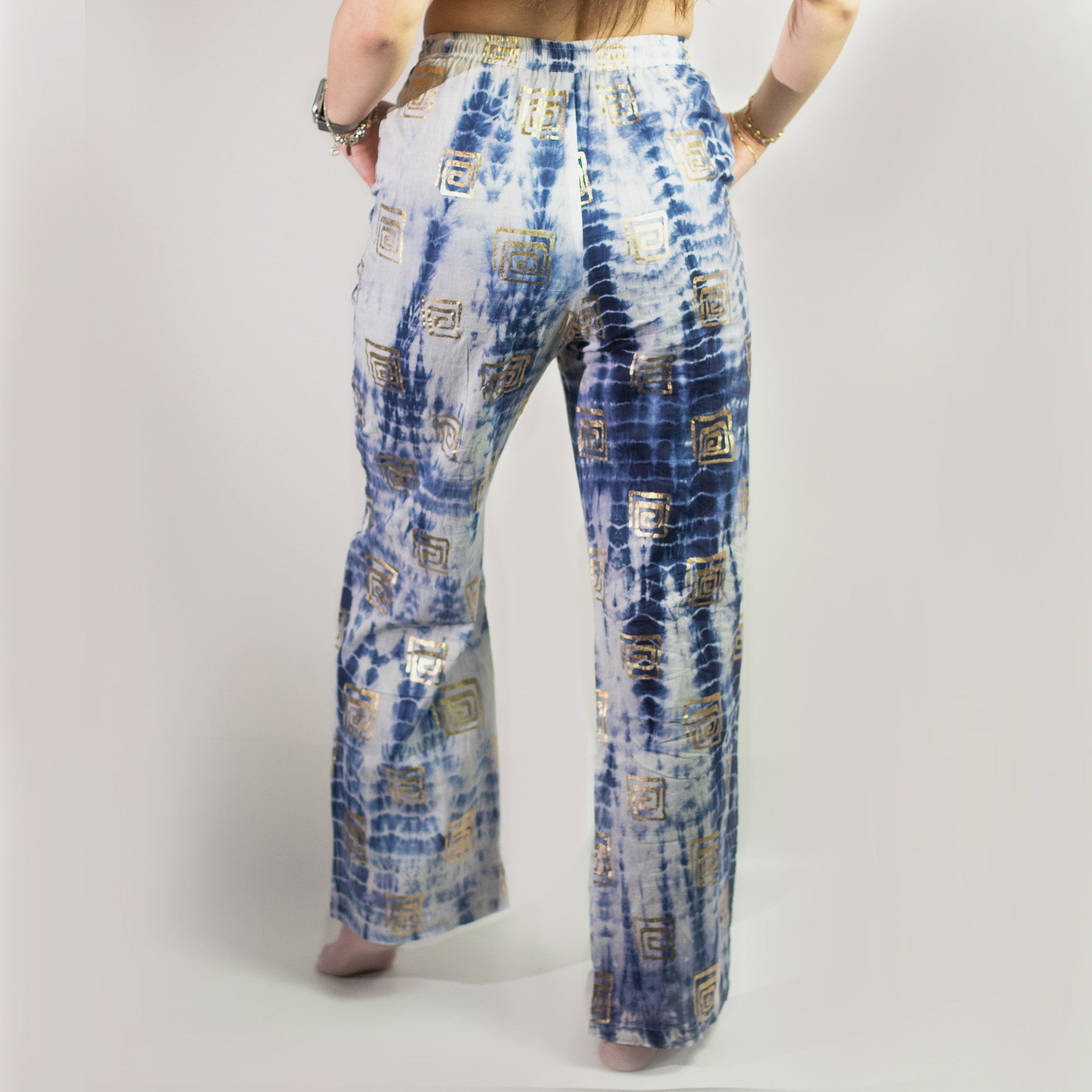 Nomad Sari Hand Painted Eco-Friendly 100% Cotton Lounge Pants - Medium - Large / Greek Motif / White, Blue and Gold product packaging on clean background from Quintessential Holistic Health Ltd